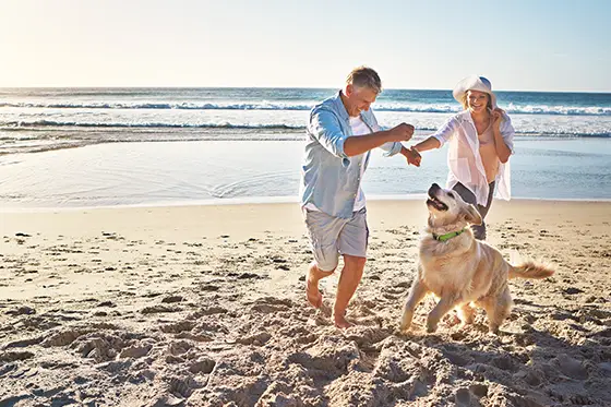 happy retired couple on the beach with their golden retriever planning for retirement